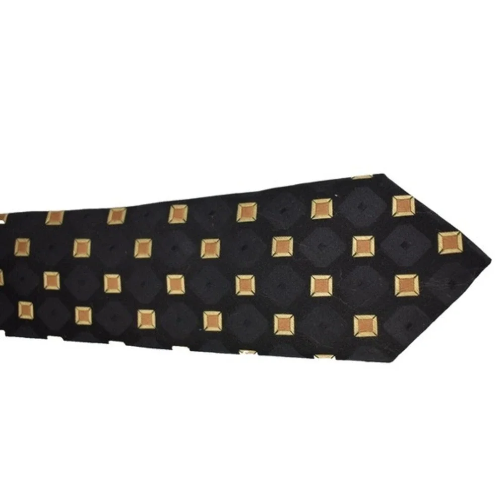 BCBG Attitude 100% silk tie handmade black and gold pattern square 3.25